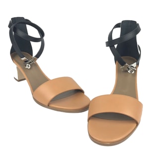 Hermes Beige/Black Leather Manege Ankle Strap Sandals Size 39