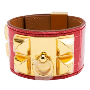 Hermes Collier De Chien Red Alligator Leather Gold Plated Cuff Bracelet S