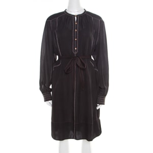 Isabel Marant Black Silk Beaded Belted Long Sleeve Dress M