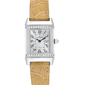 Jaeger LeCoultre Silver Diamond Stainless Steel and Leather Reverso Florale 265.8.86 Women's Wristwatch 21x33MM