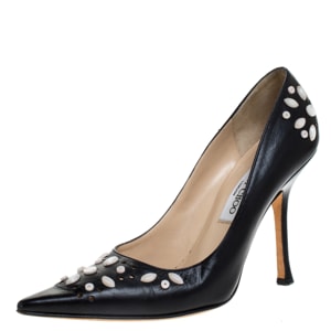 Jimmy Choo Black Embellished Leather Perforated Toe Pumps Size 40
