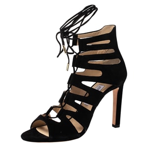 Jimmy Choo Black Suede Hitch Caged Sandals Size 38.5