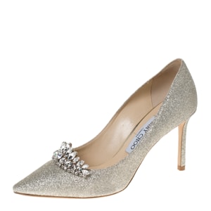 Jimmy Choo Gold Glitter Crystal Embellished Romy Pointed Toe Pumps Size 37