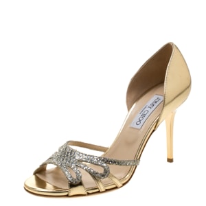 Jimmy Choo Metallic Gold Leather And Champagne Glitter Fabric Mocha Peep Toe D'orsay Sandals Size 38