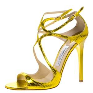 Jimmy Choo Metallic Yellow Python Embossed Leather Criss Cross Strap Sandals Size 40