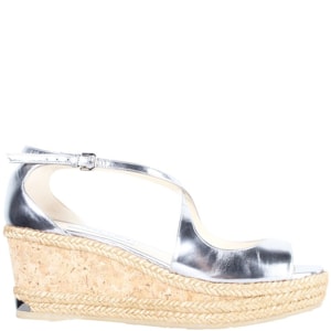 Jimmy Choo Silver Metallic Leather Espadrille Wedge Sandals Size 37.5