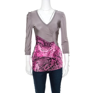 Just Cavalli Grey and Pink Animal Printed Ruched Long Sleeve Top S
