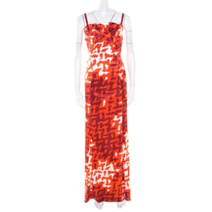 Just Cavalli Orange Abstract Printed Pleated Bodice Detail Sleeveless Maxi Dress L