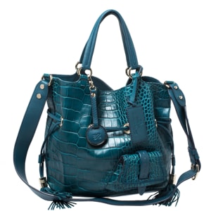 Lancel Ocean Blue Croc Embossed Leather Premiere Flirt Bucket Shoulder Bag