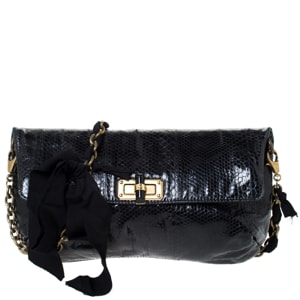 Lanvin Black Snakeskin Effect Patent Leather Happy Flap Shoulder Bag