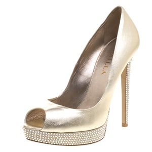 Le Silla Gold Metallic Leather Crystal Embellished Platform Peep Toe Pumps Size 38.5