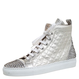 Le Silla Pearl Metallic White Quilted Leather and Suede Crystal Embellished Lace High Top Sneakers Size 36