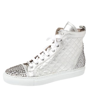 Le Silla Pearl White Metallic Quilted Leather and Suede Crystal Embellished Lace High Top Sneakers Size 37