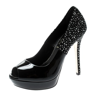 Loriblu Bijoux Black Crystal Embellished Suede And Patent Leather Peep Toe Platform Pumps Size 37