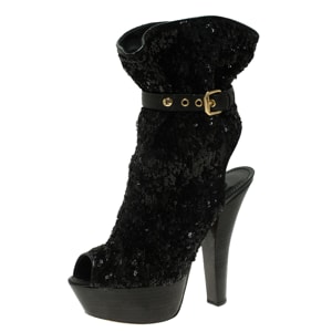 Louis Vuitton Black Sequins and Leather Peep Toe Platform Ankle Boots Size 37