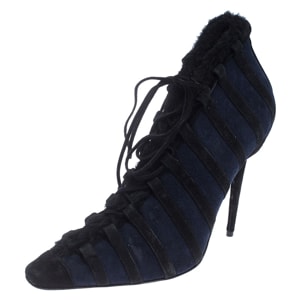 Manolo Blahnik Black/Blue Suede And Faux Fur Lace Up Ankle Boots Size 39.5