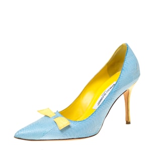 Manolo Blahnik Blue Python Leather Bow Pointed Toe Pumps Size 37
