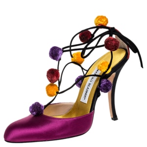 Manolo Blahnik Purple Satin Pom Pom Detail Lace Up Sandals Size 36.5