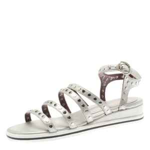 Marc by Marc Jacobs Metallic Silver Leather Gena Studded Ankle Strap Flat Sandals Size 36