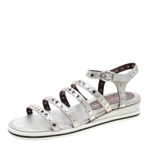 Marc by Marc Jacobs Metallic Silver Leather Gena Studded Ankle Strap Flat Sandals Size 36.5