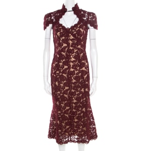 Marc Jacobs Burgundy Rose Guipure Lace Cap Sleeve Midi Dress S