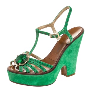 Marc Jacobs Green Suede Crystal Flower Embellished Ankle Strap Platform Sandals Size 39
