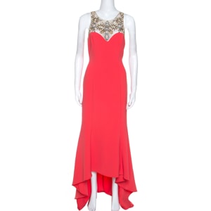 Marchesa Coral Pink Stretch Crepe Embelished High Low Gown S
