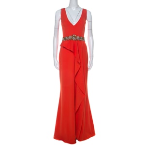 Marchesa Notte Poppy Red Crepe Ruffled Embellished Sleeveless Gown M