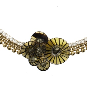 Marni Crystal Embellished Resin Flowers Gold Tone Chunky Chain Black Ribbon Self-Tie Necklace