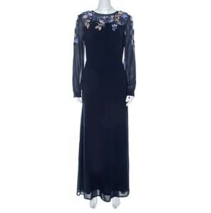 Matthew Williamson Navy Blue Silk Embellished Floral Applique Maxi Dress M