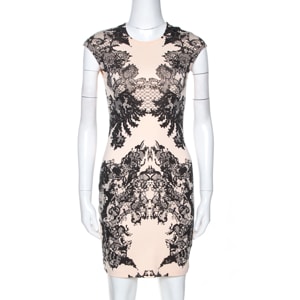 McQ by Alexander McQueen Bicolor Lace Printed Jersey Fitted Dress XS