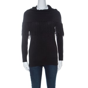 Michael Kors Black Lurex Cowl Neck Fringe Detail Knit Sweater XS