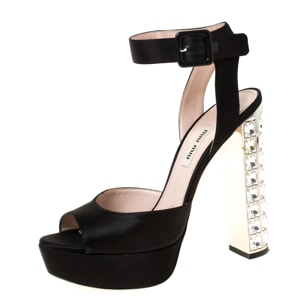Miu Miu Black Satin Embellished Block Heel Peep Toe Platform Ankle Strap Sandals Size 37.5