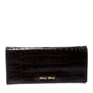 Miu Miu Dark Brown Croc Embossed Patent Leather Continental Wallet