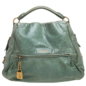 Miu Miu Green Leather Lily Distressed Shoulder Bag