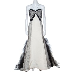 Oscar de la Renta Monochrome Embellished Silk and Lace Paneled Strapless Gown S