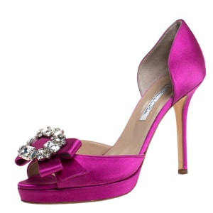 Oscar de la Renta Pink Satin Embellished Bow D'Orsay Open Toe Pumps Size 39