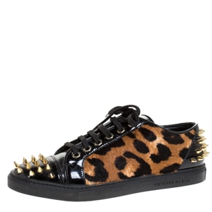 Philipp Plein Black/Brown Leopard Print Calf Hair And Patent Leather Spike Embellished Low Top Sneakers Size 38