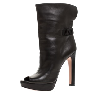 Prada Black Leather Peep Toe Platform Ankle Boots Size 37.5