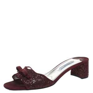 Prada Burgundy Coarse Glitter Suede Block Heel Slides Size 37.5