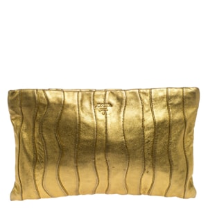Prada Metallic Gold Wave Leather Clutch