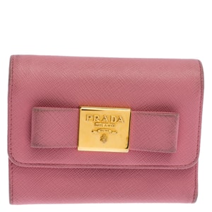 Prada Pink Saffiano Leather Bow Flap Trifold Wallet