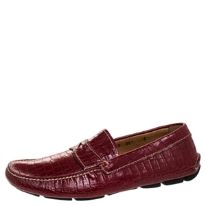 Prada Red Croc Embossed Leather Penny Loafers Size 40