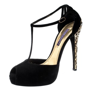 Ralph Lauren Back Suede Jesrina Embellished Heel Peep Toe T Strap Platform Sandals Size 38
