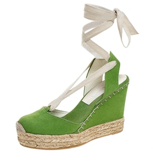 Ralph Lauren Collection Green Canvas Wedge Platform Ankle Wrap Sandals Size 39.5