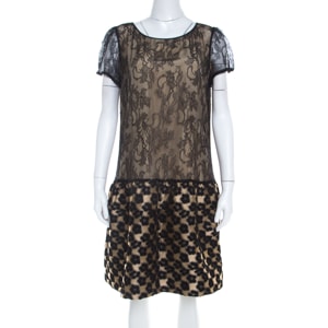 RED Valentino Black Floral Lace and Jacquard Paneled Short Sleeve Dress L