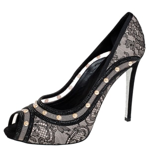René Caovilla Black/Beige Lace, Satin and Mesh Crystal And Pearl Embellished Strass Pumps Size 41