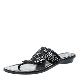 René Caovilla - Rene caovilla black crystal embellished lace and leather flat thong sandals size 39