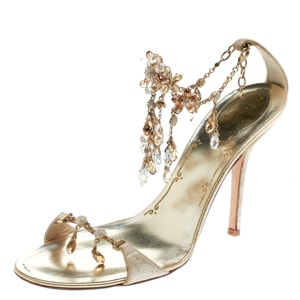 René Caovilla Metallic Gold Suede Crystal Embellished Anklet Open Toe Sandals Size 39.5