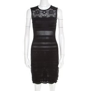 Roberto Cavalli Black Knit Lace Insert Sleeveless Fitted Dress S